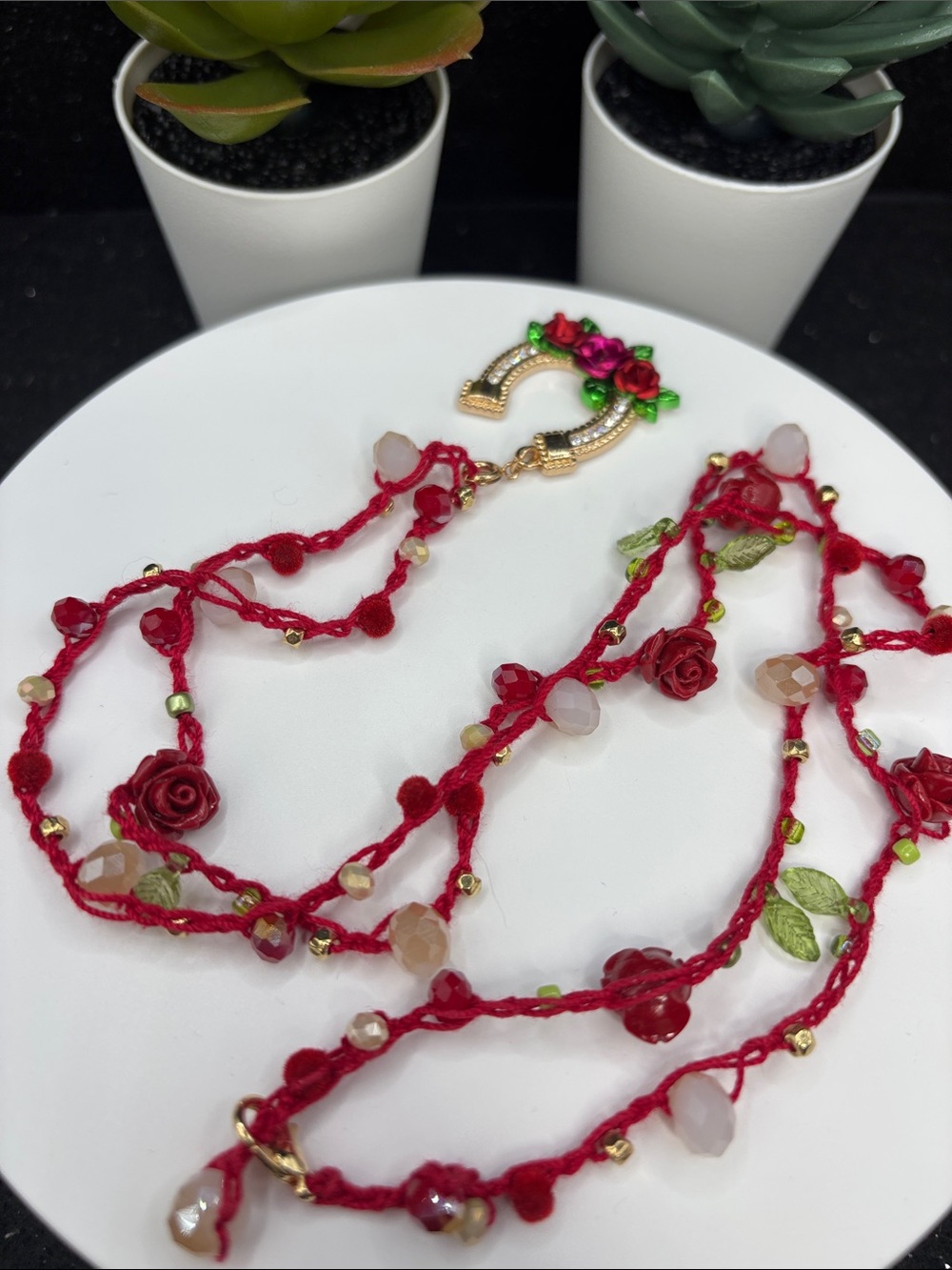 Handcrafted Red Rose Horseshoe Pendant Necklace - Picture 6 of 6